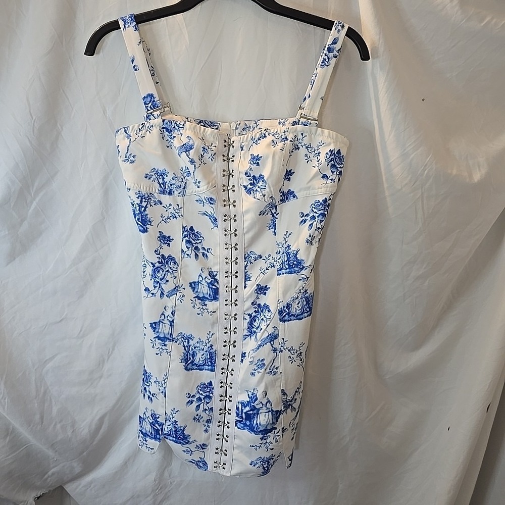 Red Berry Floral/bird/Victorian Blue & White Dress Y2K 90s Hook & Eye Front Sz 8